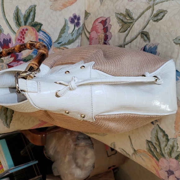 LOFT Woven and Off White Croc Embossed Shoulder Bag, with "Bamboo" Handle. - Picture 5 of 12